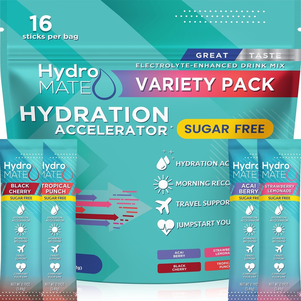 Elektrolytpoeder Suikervrije Hydration Packets Variety Pack HydroMATE 16 Sticks
