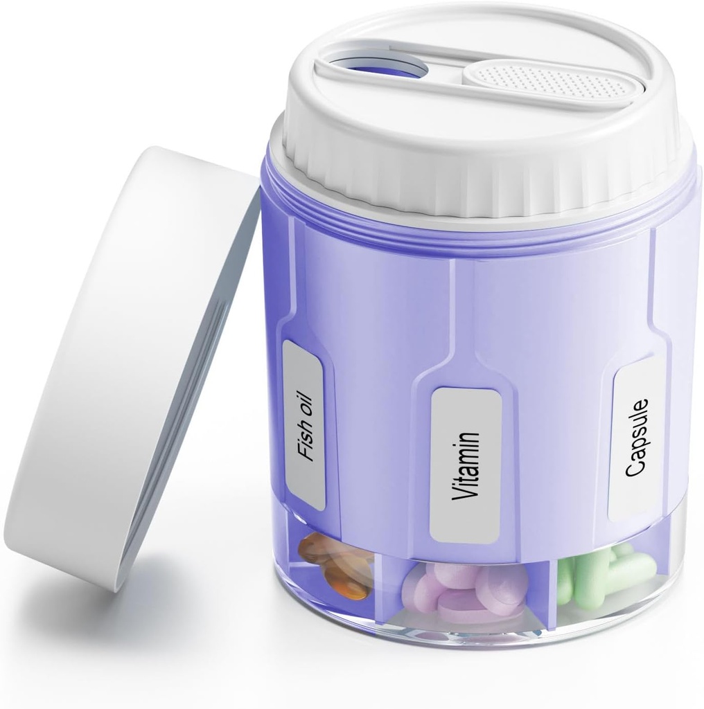 Daviky Pill Bottle Organizer, Supplement Organizer met 7 grote Compartments, Travel Pill Dispenser Ronde pil Box met Twee Lids(Purple)