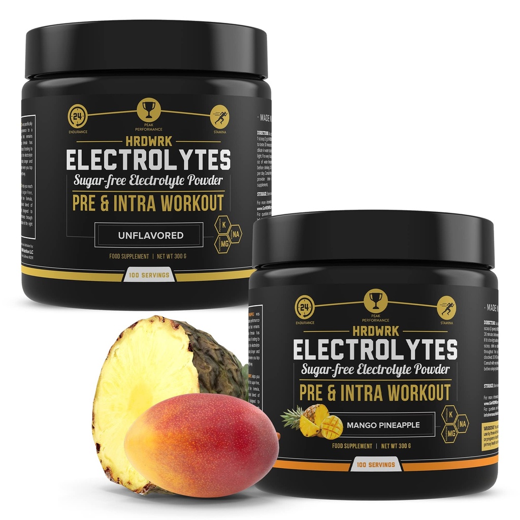 HRDWRK - 100 porties Keto Electrolytes Poeder Hydration Sugar Free - Electrolyte Powder to Boost Endurance & Reduce Fatigue with Electrolytes Supplement - Unflavored & Mango Ananas Set