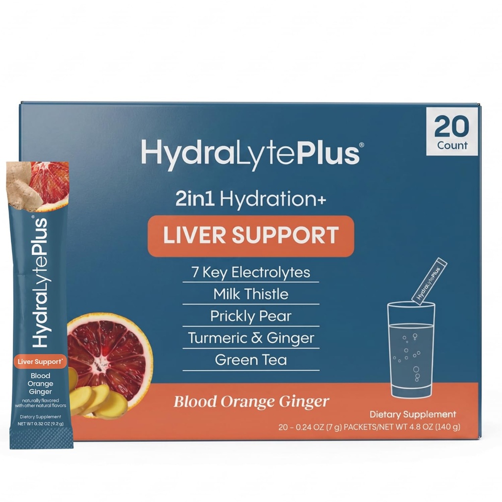 Hydralyte Lever Ondersteuning + Electrolyte Mix met melkdistel, Kurkuma, Gember, Prickly Pear, Green Tea Extract Geformuleerd voor snelle rehydratie (Blood Orange Gember, 20 Packets)