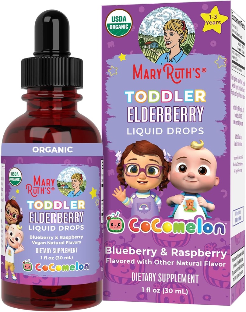 MaryRuth Organics Cocomelon Peuter Vlierbes Siroop, USDA Biologische Vlierbes, Suikervrije Kids Immuun Ondersteuning Supplement voor leeftijden 1-3 jaar, Clean Label Project Verified®, Veganist, Glutenvrij, 1 Fl Oz