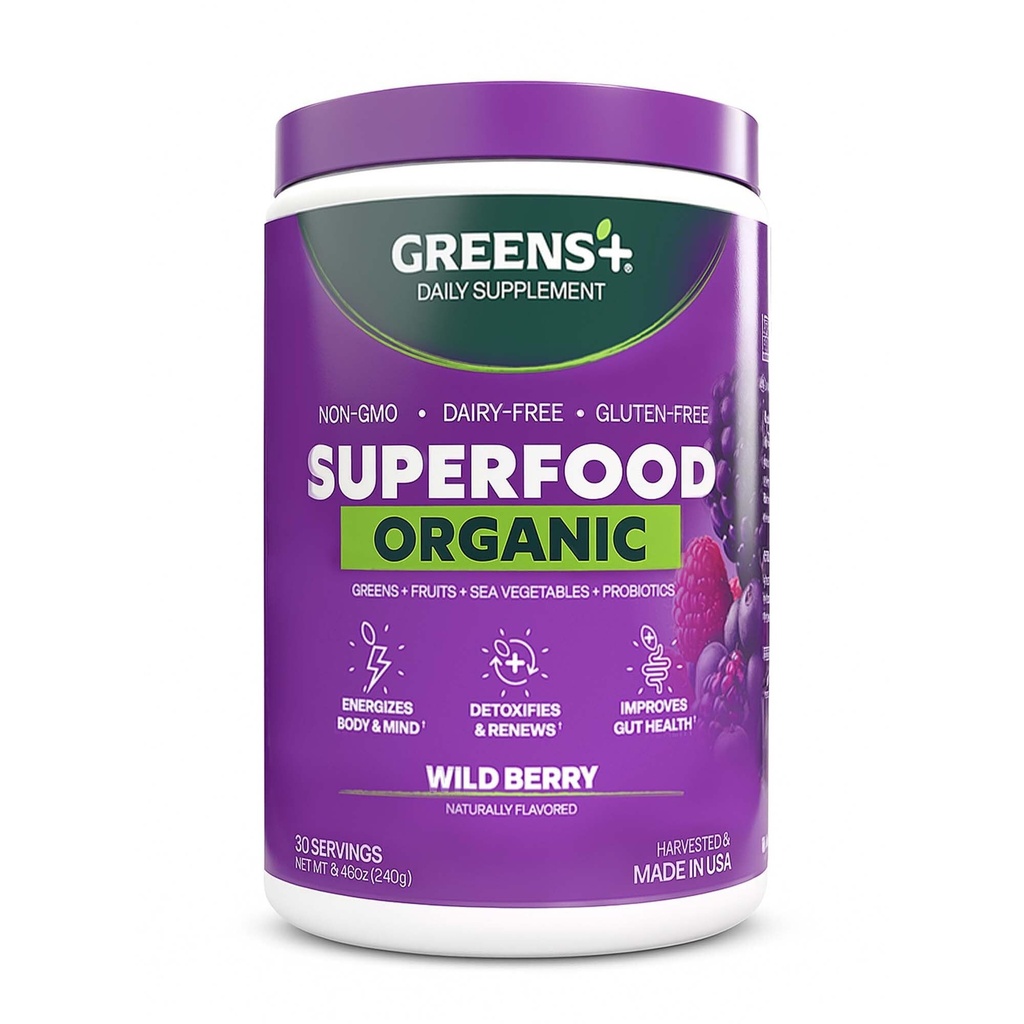 Greens+ Organic Wild Berry Superfood Powder, Antioxidant Polyfenol, Blend for Morning Kick, Energy, Vitality Boost, Nutrition, Vibrant Health, Dieetsupplement, Vegan Soy/Dairy/Gluten Free(8.46oz)