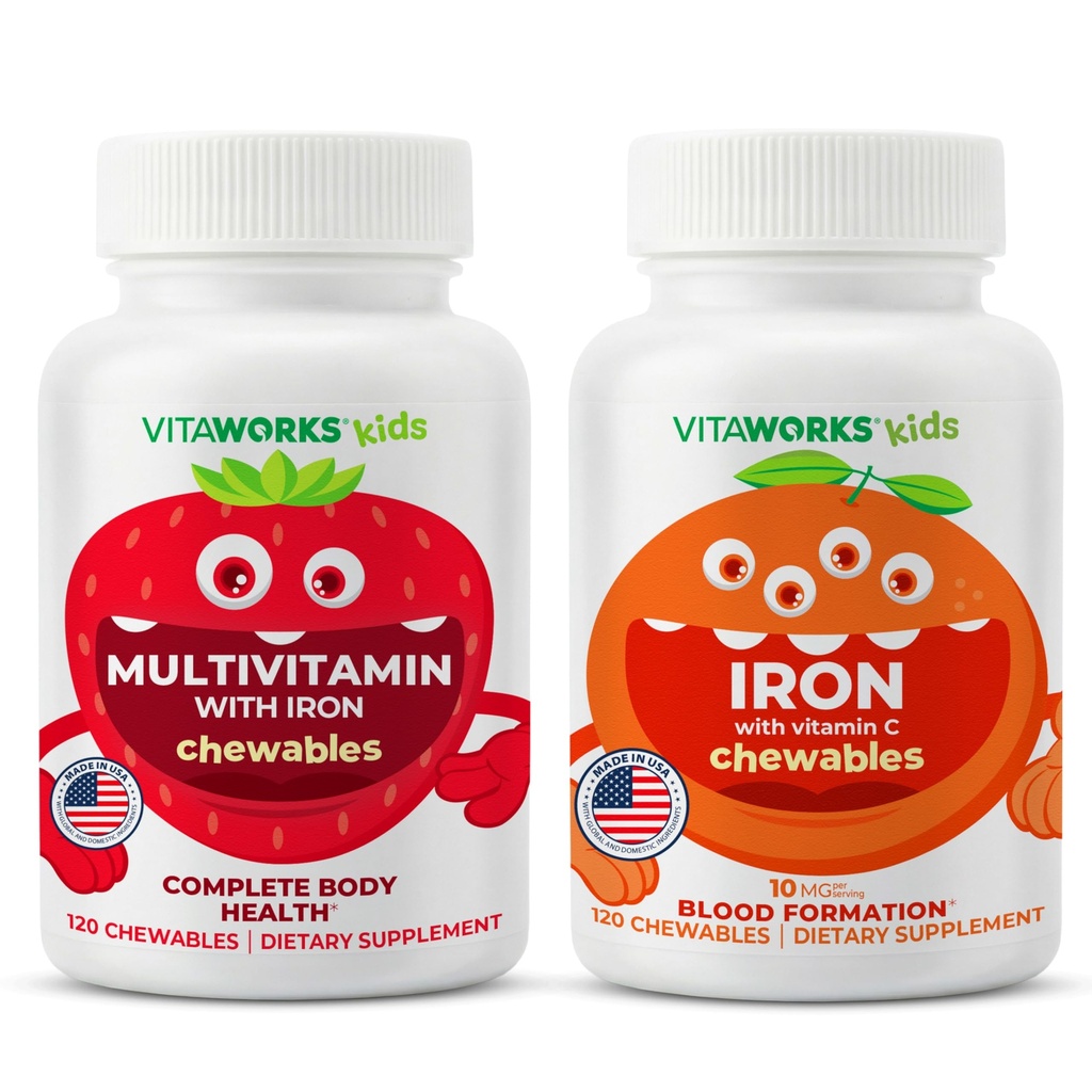 Kinderen Multivitamine kauwtabletten + ijzer 10mg + vitamine C kauwtabletten bundel
