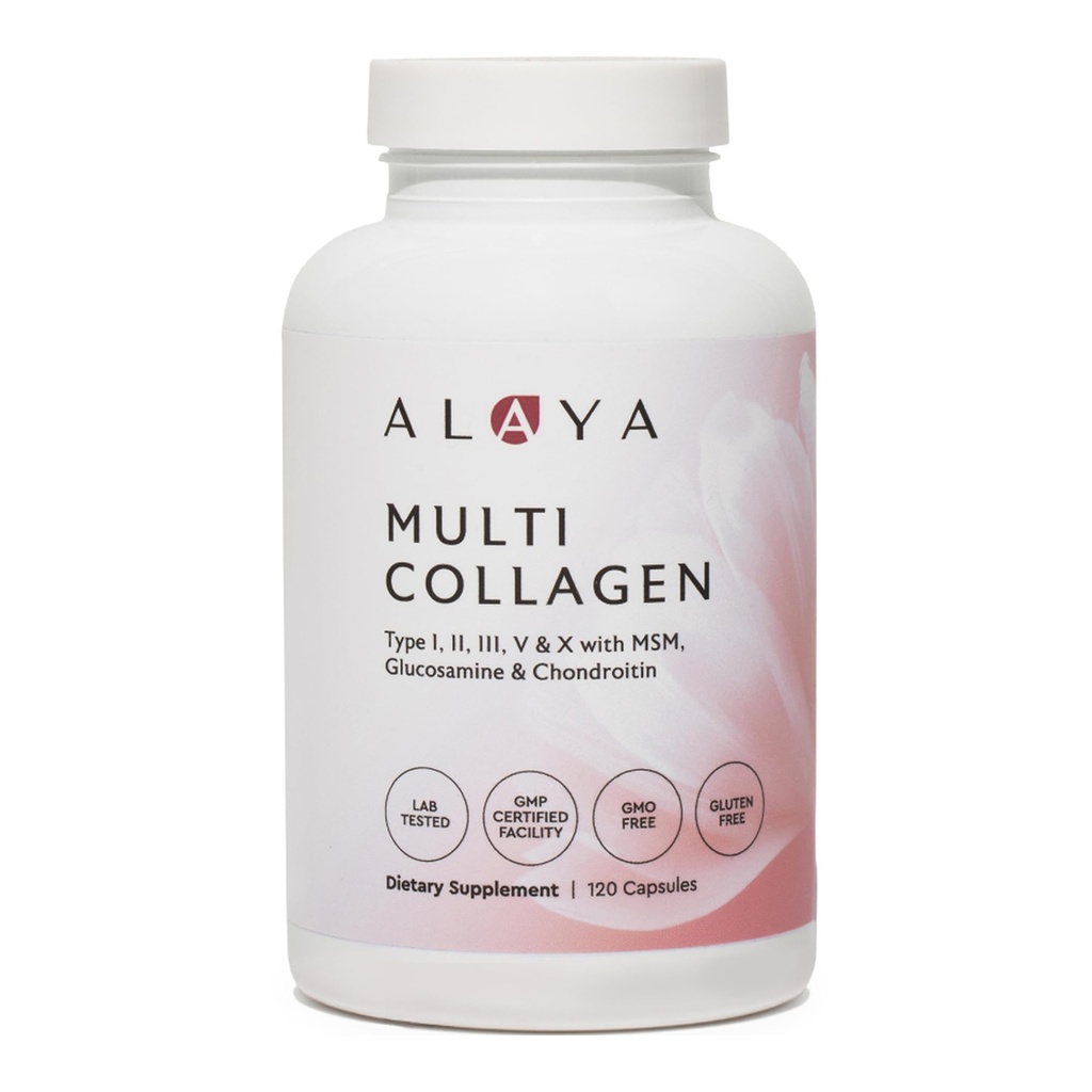 Alaya Naturals Hydrolyzed Multi Collagen Peptides Protein Capsules - Type I, II, III, V, X Grass-Fed Bovine, Chicken, Marine Collagen Supplement with MSM + GC (Capsules - 120 Count)