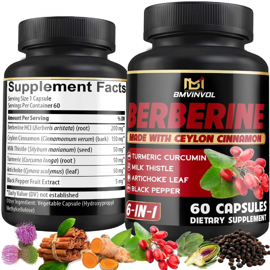 Berberine supplement met Ceylon Cinnamon, Kurkuma, Artichoke, Milk Thistle - Berberine HCl supplement Pillen - 60 Capsules [2-maand supply]