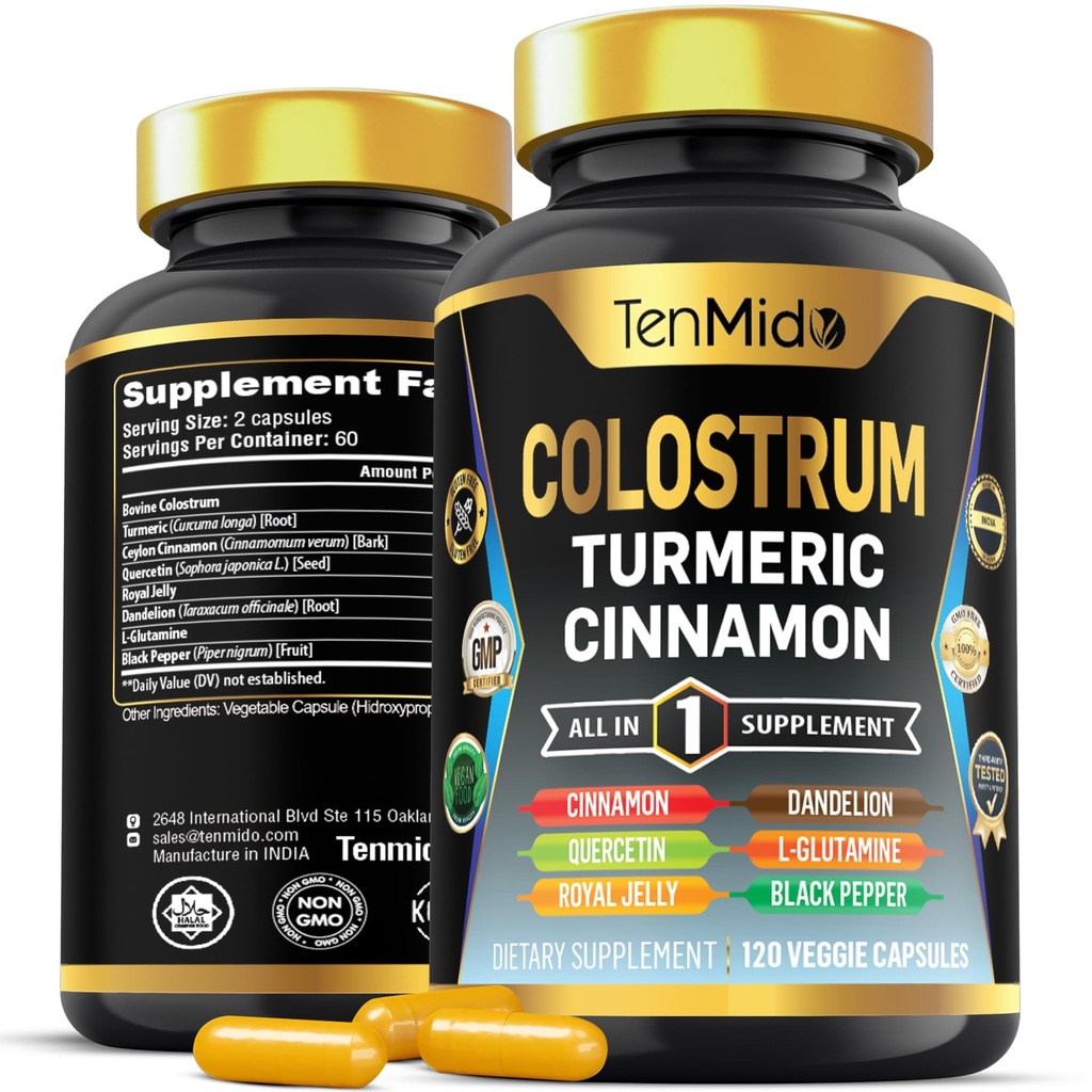 Colostrum Supplement - 8in1 Formule - Combineer met Kurkuma, Ceylon Cinnamon, Quercetin, Royal Jelly, Dandelion, L-Glutamine, en Black Pepper - Digestieve Gezondheidsondersteuning - 120 Capsules