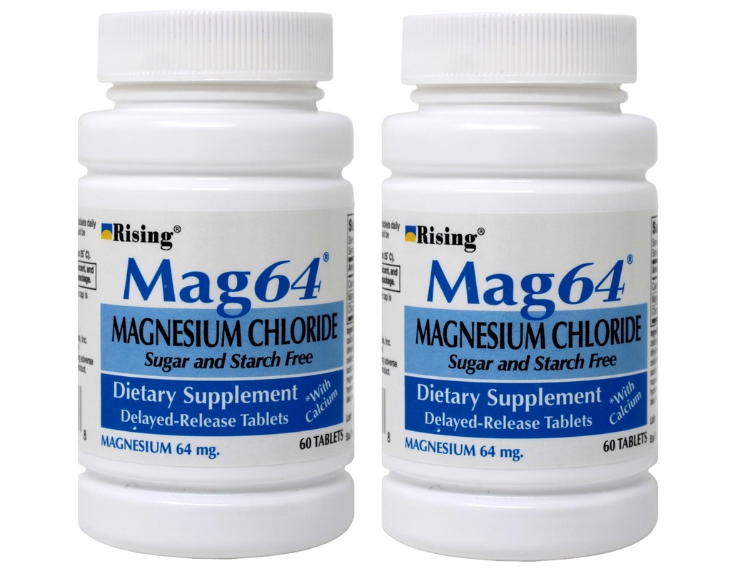Rising Mag64 Magnesiumchloride Dieetsupplement Vertraagde Release Tabletten 64 mg, 60 tabletten (verpakking van 2)