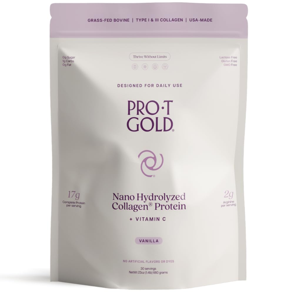 ProT Gold Collageen Proteïne Poeder, 17g Proteïne Nano-Hydrolysed Grass Fed Collageen, Vitamine C, 2g Arginine voor wond ondersteuning, Glutenvrij, Alle Natuurlijke, Vet en Suikervrij, 0g Carbs, Vanille, 23 oz, 30