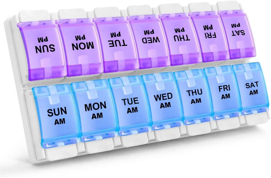 Sukuos AM Wekelijkse 7 dagen pil Organisator, 2 keer Een dag pil Box met Artritis Vriendelijk Push Knop, Geneeskunde Cases voor Vitamine/Visolie/Suplements, Gemakkelijk te reinigen (Purple&Blue)