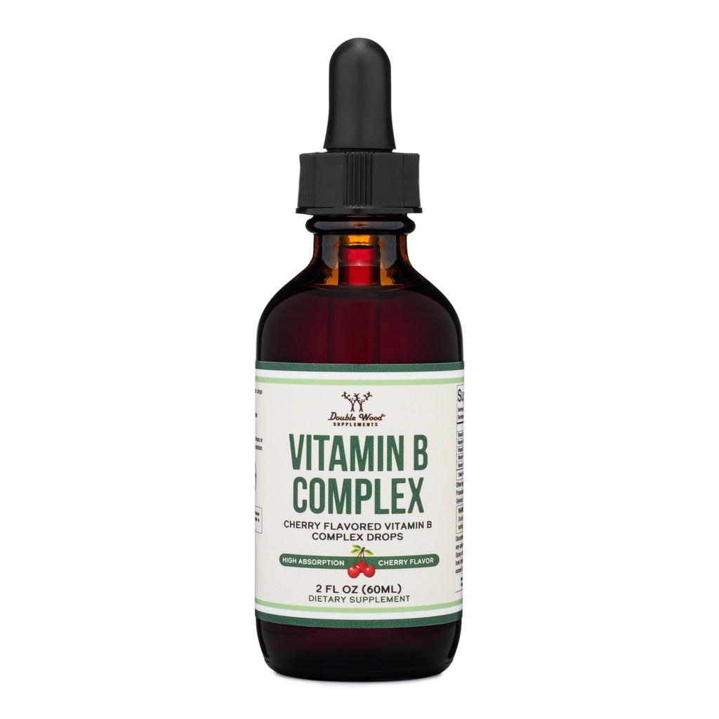Dubbele houtsupplementen Liquid Vitamin B Complex - 2 maand aanbod - Max Absorptie - B3, B6, B7 (Biotine), B9, en vitamine B12 - Cherry Flavor - 2 FL OZ