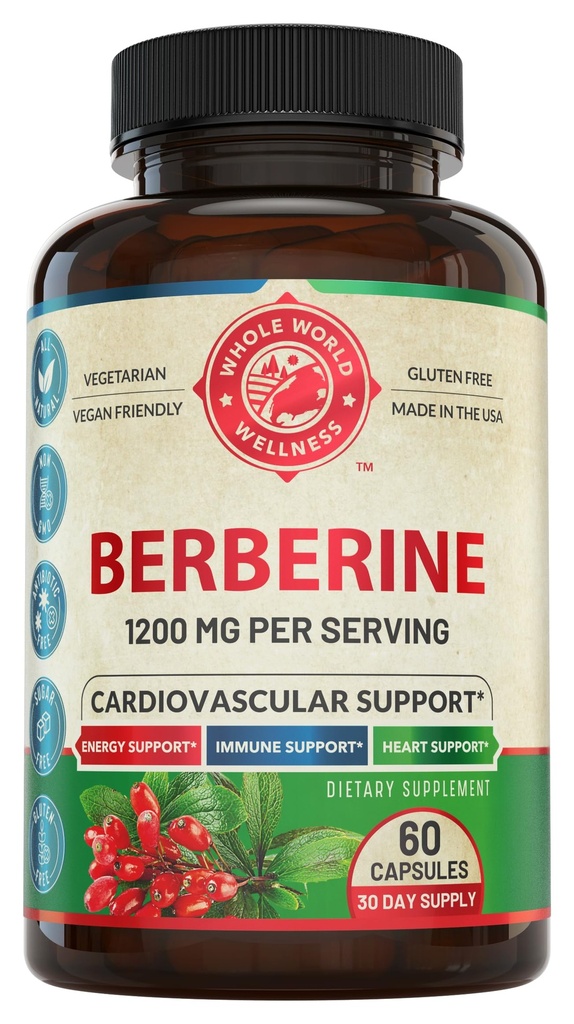 1200mg Berberine Herbal Health Capsules Ondersteuning Hart- en cardiovasculaire gezondheid, Help handhaven gezonde cholesterol, triglyceriden, bloedsuiker niveaus, Ondersteunt spijsvertering, Boost Metabolisme, 60 capsules