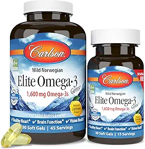Carlson Elite Omega-3 Gems 1600 mg Omega 3 vetzuren Inclusief EPA & DHA - Norwegian, Wild-Caught Sustainablely Sourced Fish Oil Supplement, Omega 3 Fish Oil Capsules Citroen - 90+30 Softgels