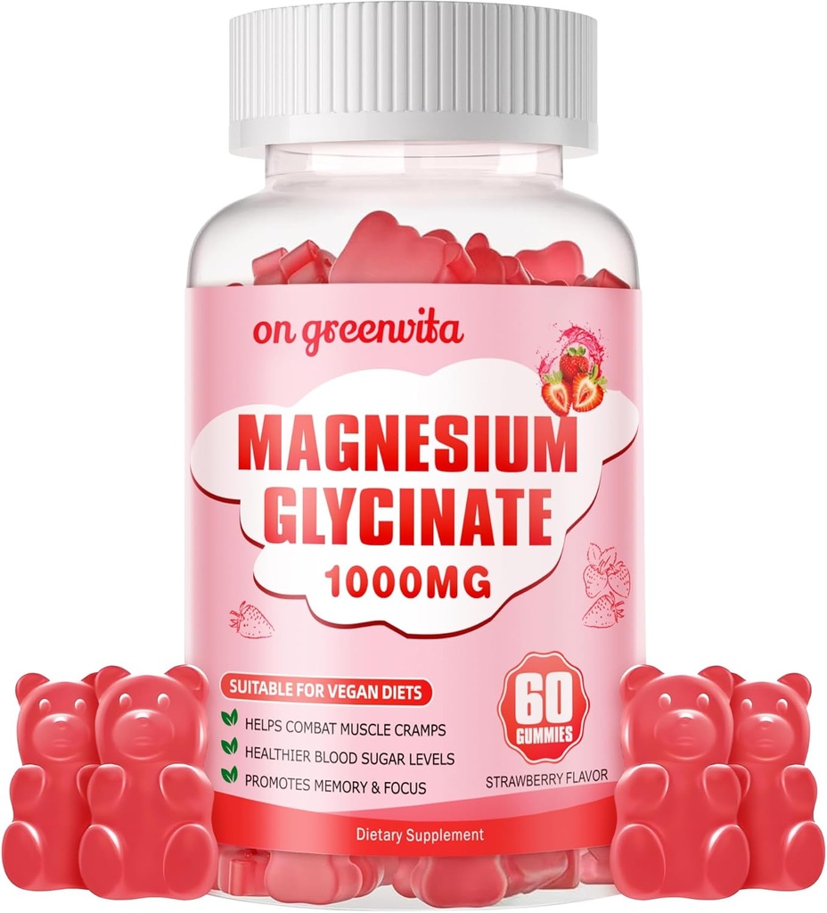 Magnesium Glycinate Gummies 1000mg - Suikervrij Magnesium Kaliumsupplement met Vitamine D, B6, CoQ10 voor Kalm Mood & Slaap Ondersteuning - 60 Aardbei Gummies