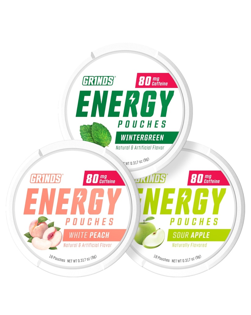 Grinds Energy Pouches - Natural Cafeine Pouches - Bevat B-Vitamins, Sugar-Free, & 0 Calorieën - 80mg Cafeïne in elke Pouch - Wintergreen, Peach, & Sour Apple - 3 Pack, 15 Zakjes per Can