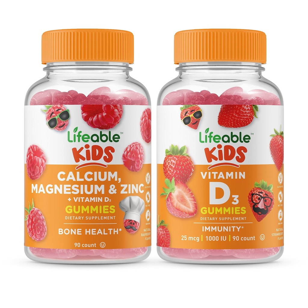 Levensvatbare Calcium Magnesium & Zink Kids + Vitamine D Kids, Gummies Bundle - Grote Proeverij, Vitamine Supplement, Glutenvrij, GGO-vrij, Kauwgom