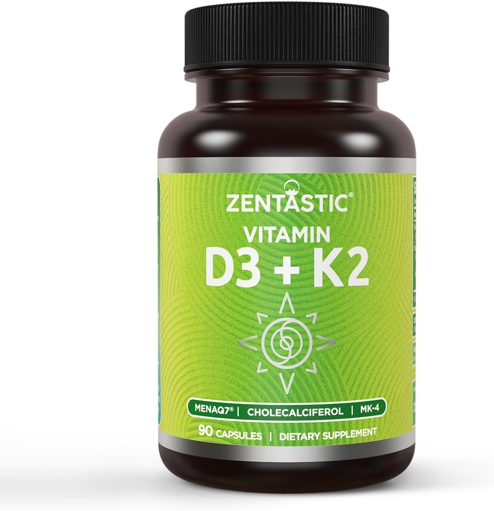 Zentastische vitamine D3 K2, 5000IU & 200mcg, vitamine D & gepatenteerde MK7 & MK4 voor 3-in-1 complexe ondersteuning - vegetarisch, niet-GMO, 90 caps