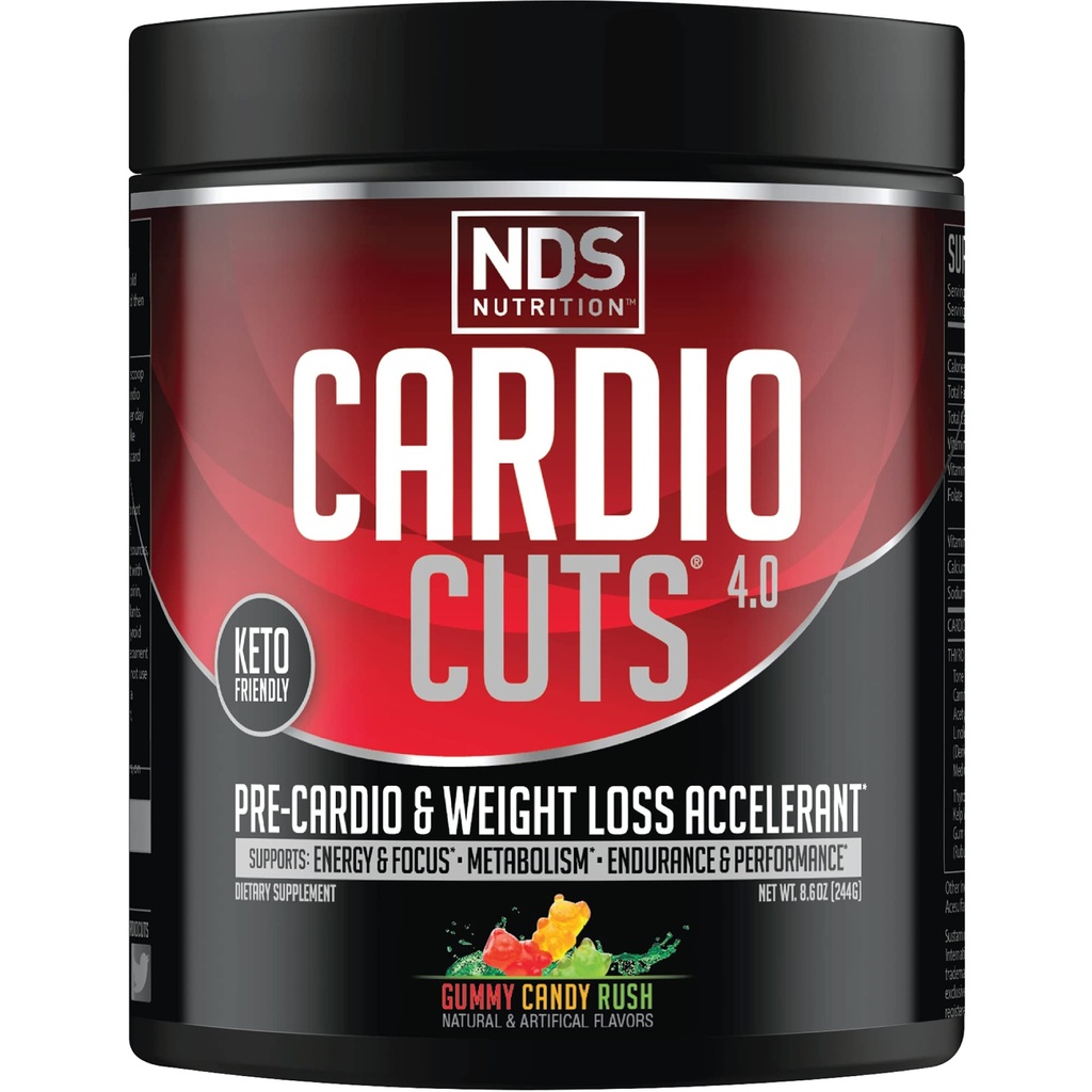 Cardio Cuts NDS Nutrition 4.0 Pre Workout Supplement - Advanced Weight Loss and Pre Cardio Formula with L-Carnitine, CLA, MCTs, L-Glutamine, and Safflower Oil - Gummy Rush (40 Servings)