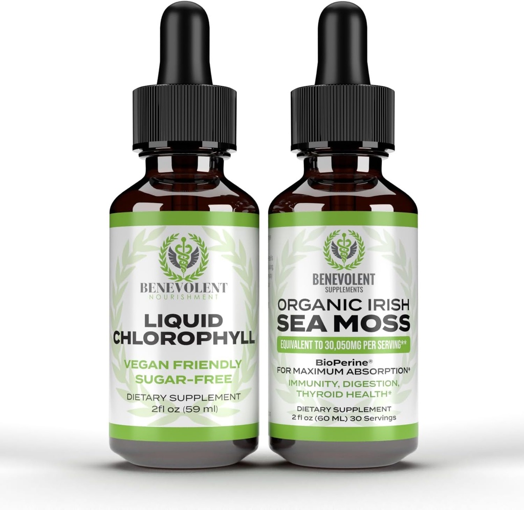 Benevolent Chlorofyl Liquid Drops + Irish Sea Moss Drops 2oz, 4 maand supply Liquid Chlorofyl Supplement voor interne deodorizer & Radiant Skin