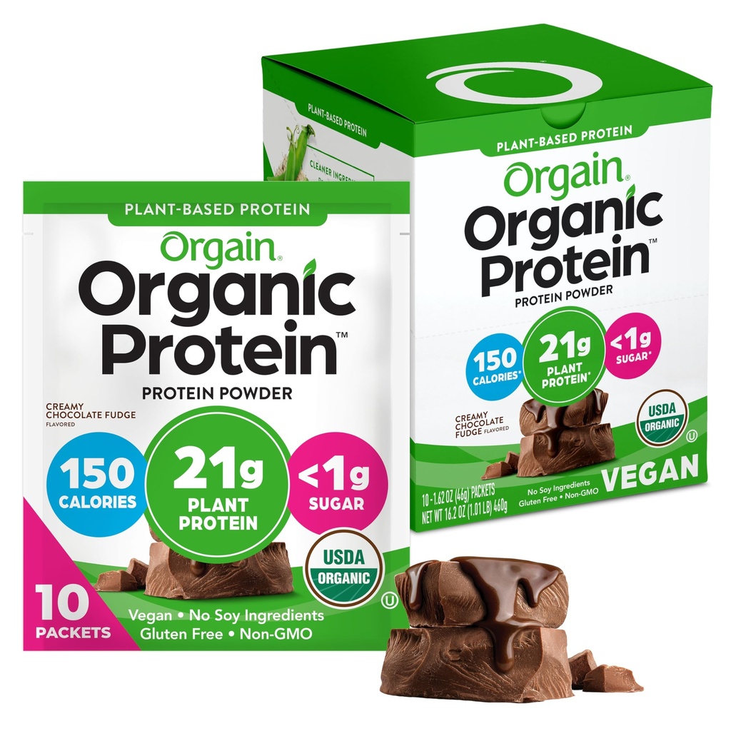 Orgain Organic Vegan Protein Powder, Romige Chocolade Fudge - 21g Plant Protein, 6g Prebiotic Fiber, Low Carb, No Lactose Ingredients, No Added Sugar, Non-GMO, For Shakes & Smoothies, 10 Travel Packs