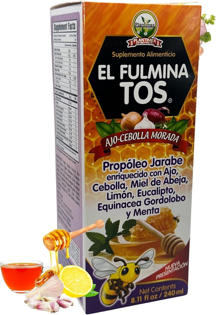 EL FULMINA TOS Propoleo +AJO + CEBOLLA +Miel+Limoen+Eucalipto+Equinacea+Gordolobo & Menta (Propolis Siroop W/Garlic en Ui) 8,11 floz Voedingssupplement Cough Siroop FULMINA TOS