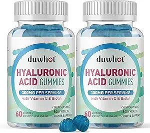 Hyaluronzuur Gummies, Hyaluronzuur Supplementen met vitamine C & Biotin 5000mcg voor huid, haar, nagels gezondheid, gewrichten supplementen voor vrouwen & mannen, lage suiker, Vegan, niet-GMO, 60 Counts