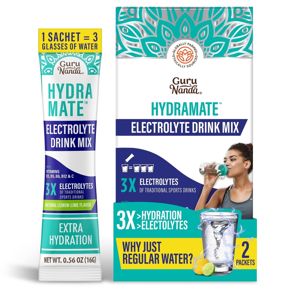GuruNanda Hydramate Hydramaat Hydratation Support Drink Mix - Electrolyte Powder Packets for Dehydratation, Oefening & Energy - No Added Sweteners, Non-GMO, Natural Lemon Lime Flavor - 2 Telling (0,56 oz Each)
