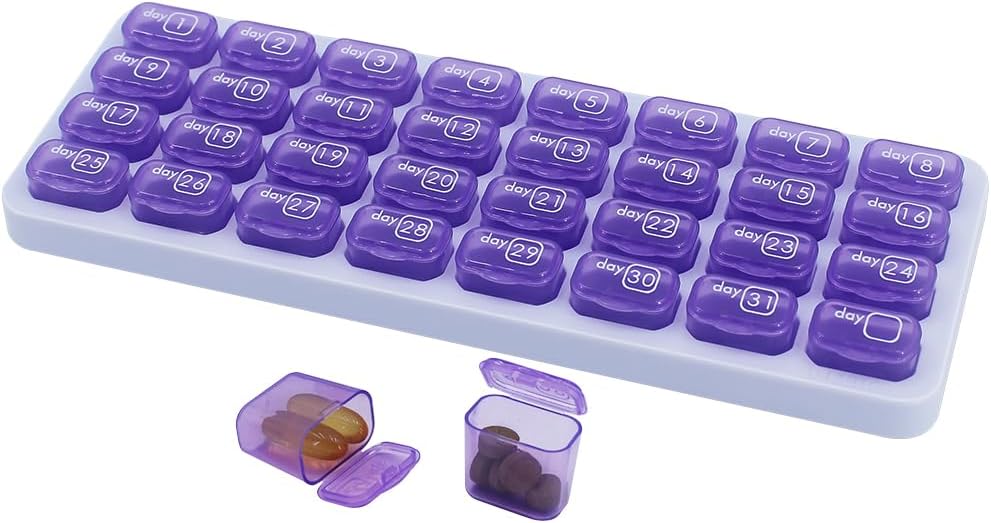 Monthly Pill Organizer, Large Travel Pill Box 31 Day, Daily Pill Case, Pill Holder Container for Vitamin, Medicine, Supplement, Fish Oil, Purple