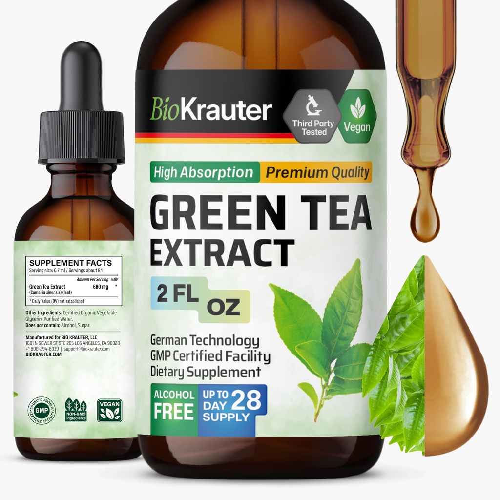 BIO KRAUTER Green Tea Extract Liquid Drops - Green Tea Supplements - Antioxidant Bron - Alcohol en Suikervrij - 2 Fl.Oz.