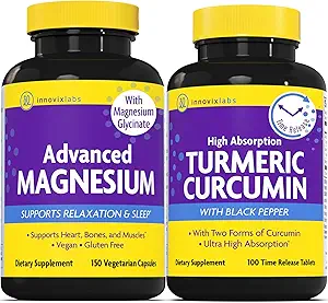 Magnesium & Curcumine Bundle: InnovixLabs Advanced Magnesium (150 Time-Release Capsules) InnovixLabs Turmeric Curcumin (100 Time-Release Tablets). Bevordert ontspanning, botten, spier- en immuunsysteem.*