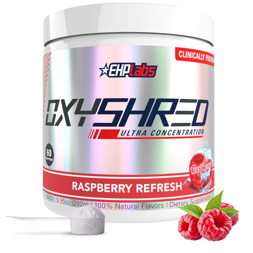 EHP Labs OxyShred Pre Workout Powder - Preworkout Powder with L Glutamine & Acetyl L Carnitine, Energy Boost Drink - Framboos Refresh, 60 Servers