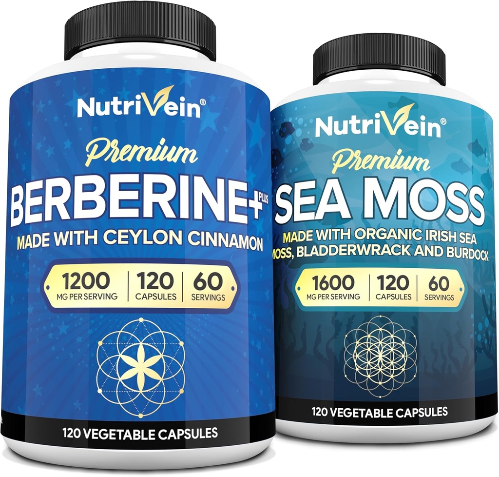 Nutrivein Premium Irish Sea Moss Capsules & Berberine Supplement Bundle: High Absorptie Sea Moss & Berberine Supplements Bundle for Digestie, Metabolisme, & Vitality