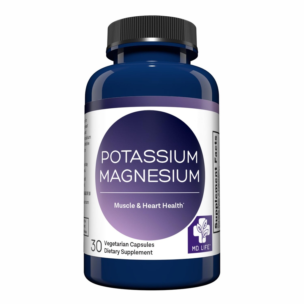 MD. Life Kalium Magnesium Supplement - 120 Capsules - Magnesium Kalium Supplement - Hoge Absorptie Complex - Ondersteuning Vasculaire Gezondheid &amp; Leg Cramp