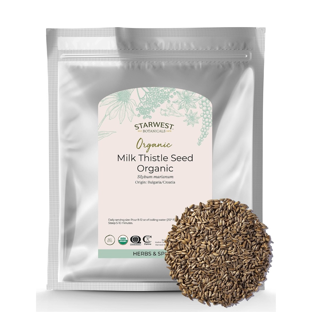 Starwest Botanicals Biologische Milk Thistle Seed Whole - Loose Leaf Milk Thistle for Tea & Cooking, Mix in Juice, Voeg toe aan Smoothies, Havermout, & Yogurt, Certified Kosher, Non-GMO - Bulk 1 lb Bag