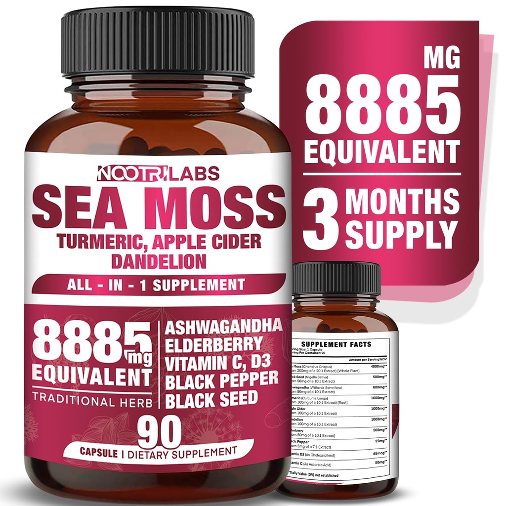 All-in-1 8885mg Hoogste Potency Sea Moss, Black Seed, Ashwagandha, Kurkuma, Apple Cider Vinegar, Dandelion met Vlierbessen, Vitamine C & D3 - Immune, Energy Support Supplement - 90 Vegan Capsules
