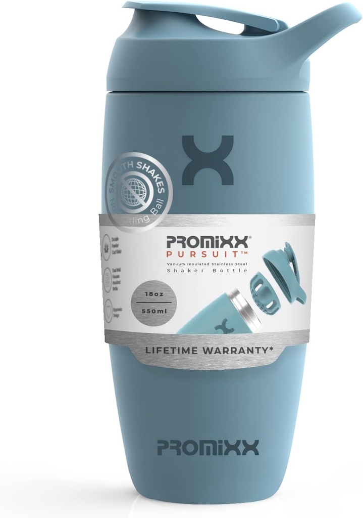Promixx Pursuit Shaker Fles Geïsoleerde roestvrij stalen waterfles en shaker Cup, 18oz, Ocean Calm Blue