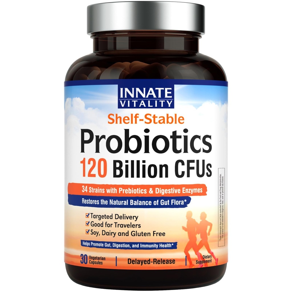Aangeboren vitaliteit Probiotica 120 miljard CFUs voor mannen en vrouwen, 34 strains met prebiotica en spijsverteringsenzymen, immuun- en spijsverteringsziekten, vertraagde afgifte, steel stabiel, 30 Vegan Capsules