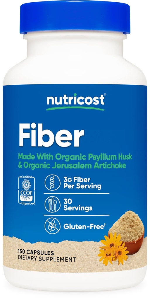 Nutricost Fiber Capsules met Prebiotic Fiber Supplement 150 Capsules - CCOF Certified Supplement, Gemaakt met biologische Psyllium Husk & Organic Jeruzalem Artichoke, Glutenvrij, 3 G per portie