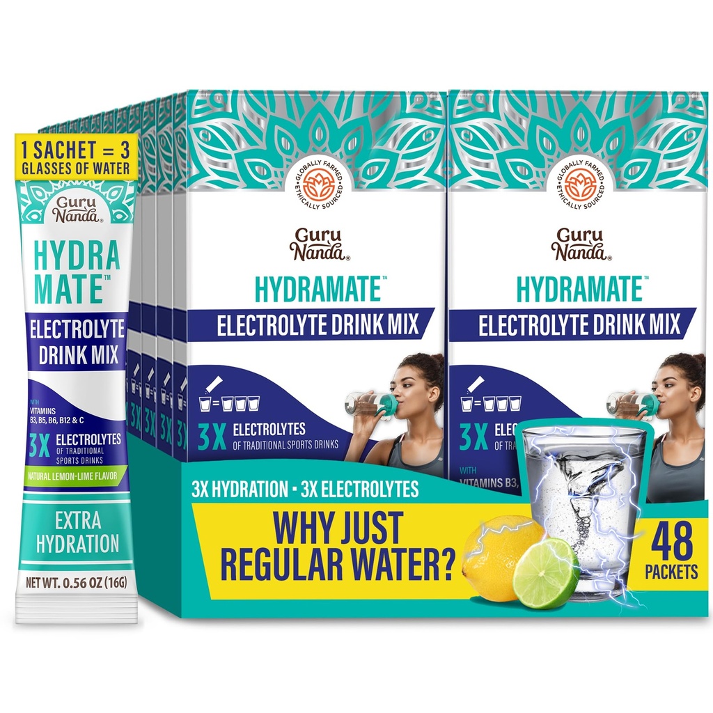 GuruNanda Hydramate Hydrate Ondersteuning Drink Mix - Electrolyte Poeder Paketten voor Dehydratie, Oefening & Energie - Geen toegevoegde zoetstoffen, niet-GMO, natuurlijke citroen Lime smaak - 48 Tel (0,56 oz Elke)