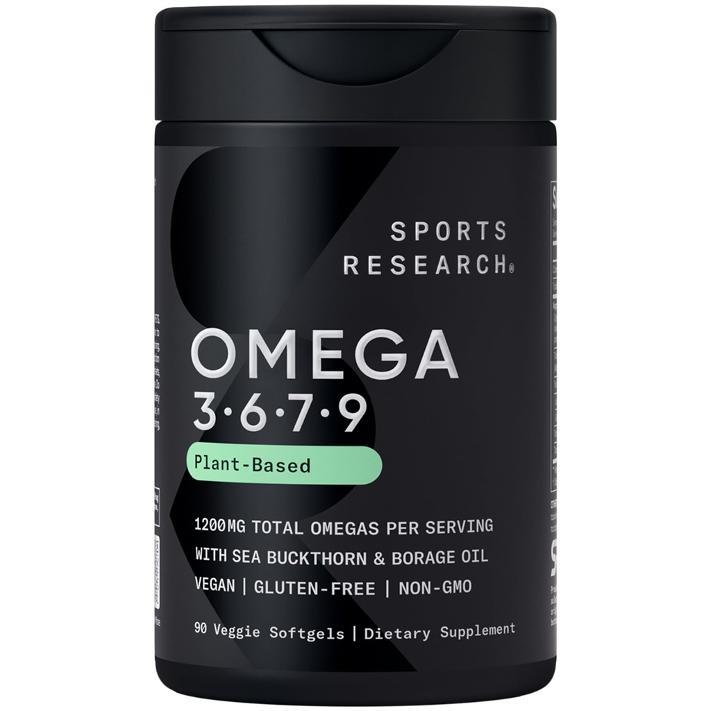 Sports Research® Vegan Omega 3-6-7-9 - 1200 mg Multi-Spectrum Omega vetzuren Gecertificeerd niet-GMO Formule met Sea Buckthorn & Borage Oil - 90 Veggie Softgels