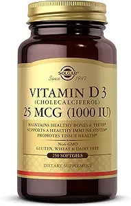 Solgar Vitamine D3 (Cholecalciferol) 25 MCG (1000 IE), 250 Softgels - helpt gezonde botten en tanden - Immuunsysteemondersteuning - Non-GMO, Glutenvrij, Melkvrij - 250 porties