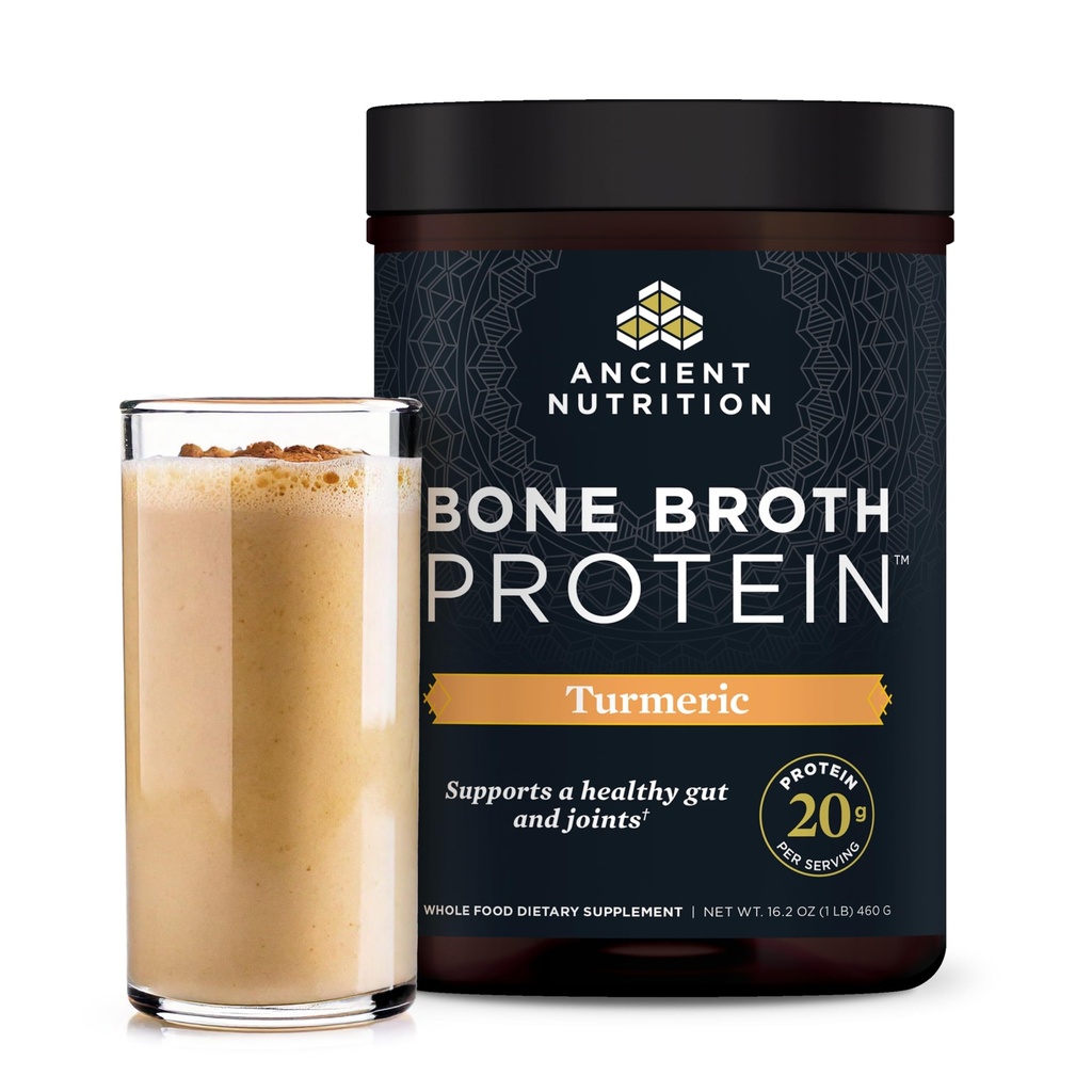 Ancient Nutrition Grass Fed, Cage Free, Bone Broth Protein Powder, 20g Proteïne, Gehydrolyseerde Collageen Peptiden, Keto & Paleo Vriendelijk, ondersteunt Joint & Gut Health, Kurkuma, 20 Servers