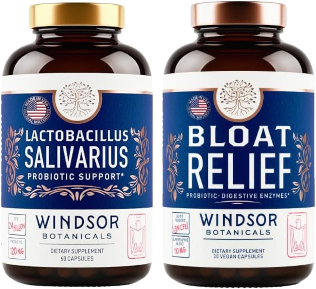 WINDSOR BOTANICS Bloat Relief en Lactobacillus Salivarius Probiotic Capsules - Orale en IBS-ondersteuningsbundel