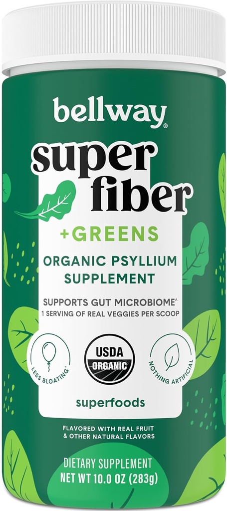 Bellway Super Fiber + Greens Powder, Sugar-Free Psyllium Husk Fiber Supplement Powder with Super Greens (30 Servings)