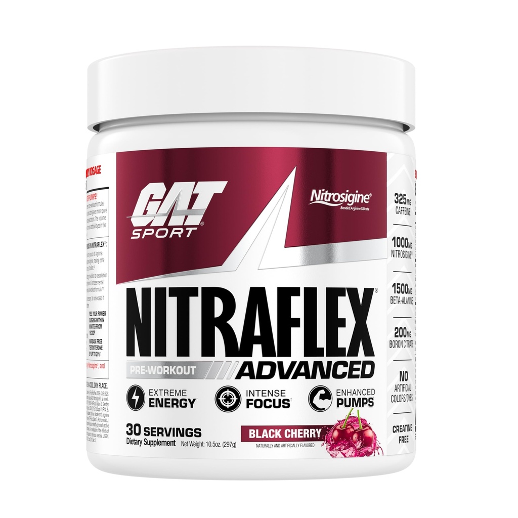 GAT SPORT Nitraflex Advanced Pre-Workout Powder, verhoogt de bloedstroom, verhoogt sterkte en energie, verbetert de prestaties van de oefeningen (zwarte kersen, 30 porties)