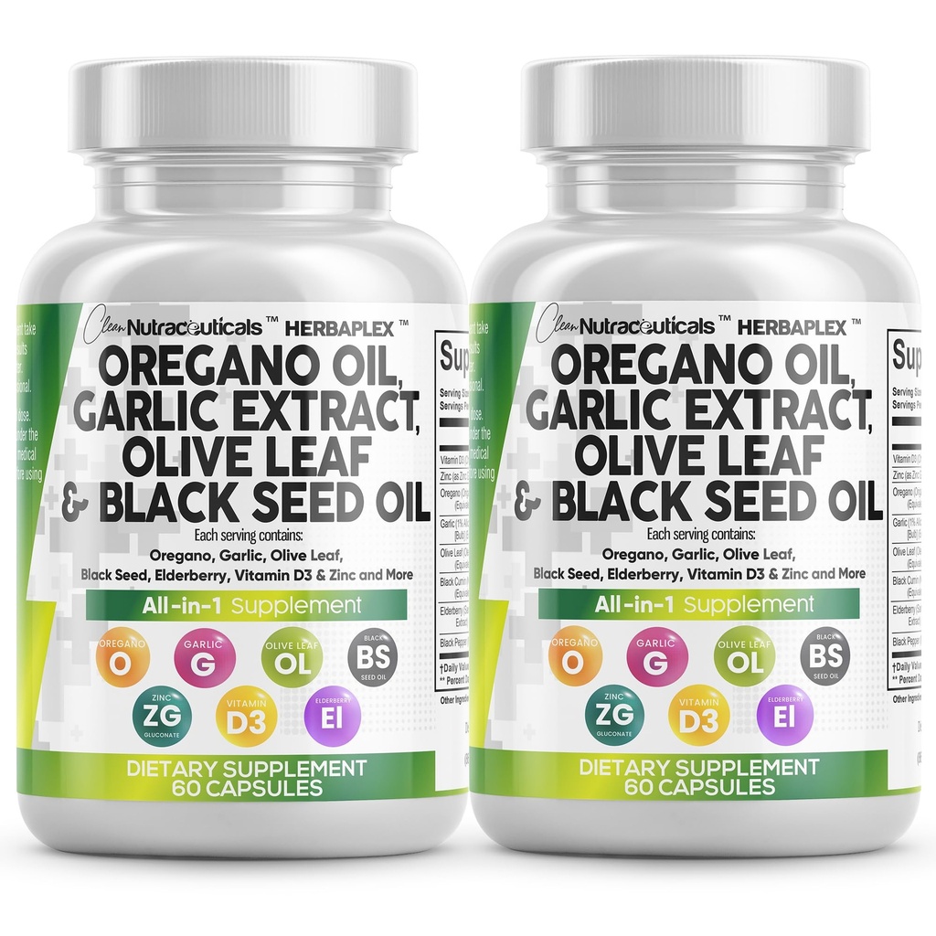 Clean Nutraceuticals Oregano Oil Garlic Extract Olive Leaf Black Seed Oil - Immune Support & Digestive Health Supplement for Women and Men with Vitamin D3 & Zinc - 2Pack