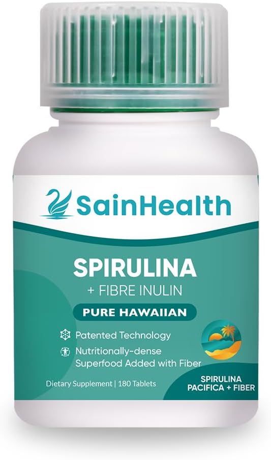 Spirulina + Fibre Inuline - Kruidensupplement, Spirulina Toegevoegd Fiber Vegan Tablets for Digestive Health, 600mg Spirulina, Vegan & GMO Free (180 Tablets)