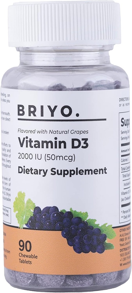 Briyo Vitamine d3 kauwtablet - 2000 IE (50 mcg per portie) - Delicious Natural Grape Flavor, 90 Tel.