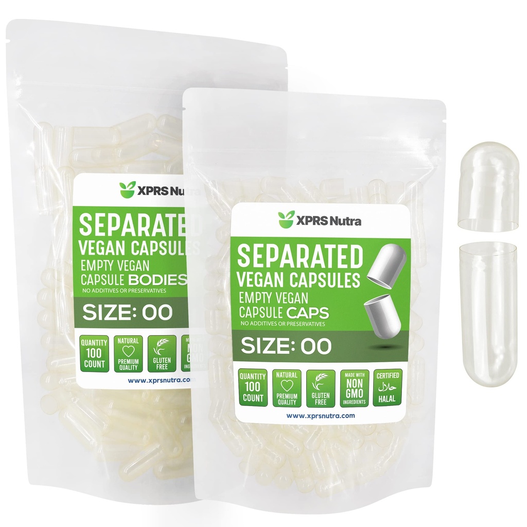 XPRS Nutra Vegan Maat 00 Gescheiden Capsules - 100 Tel Clear Premium Lege Capsules gescheiden in zakken - 00 Pillen Leeg voor DIY supplement vullen