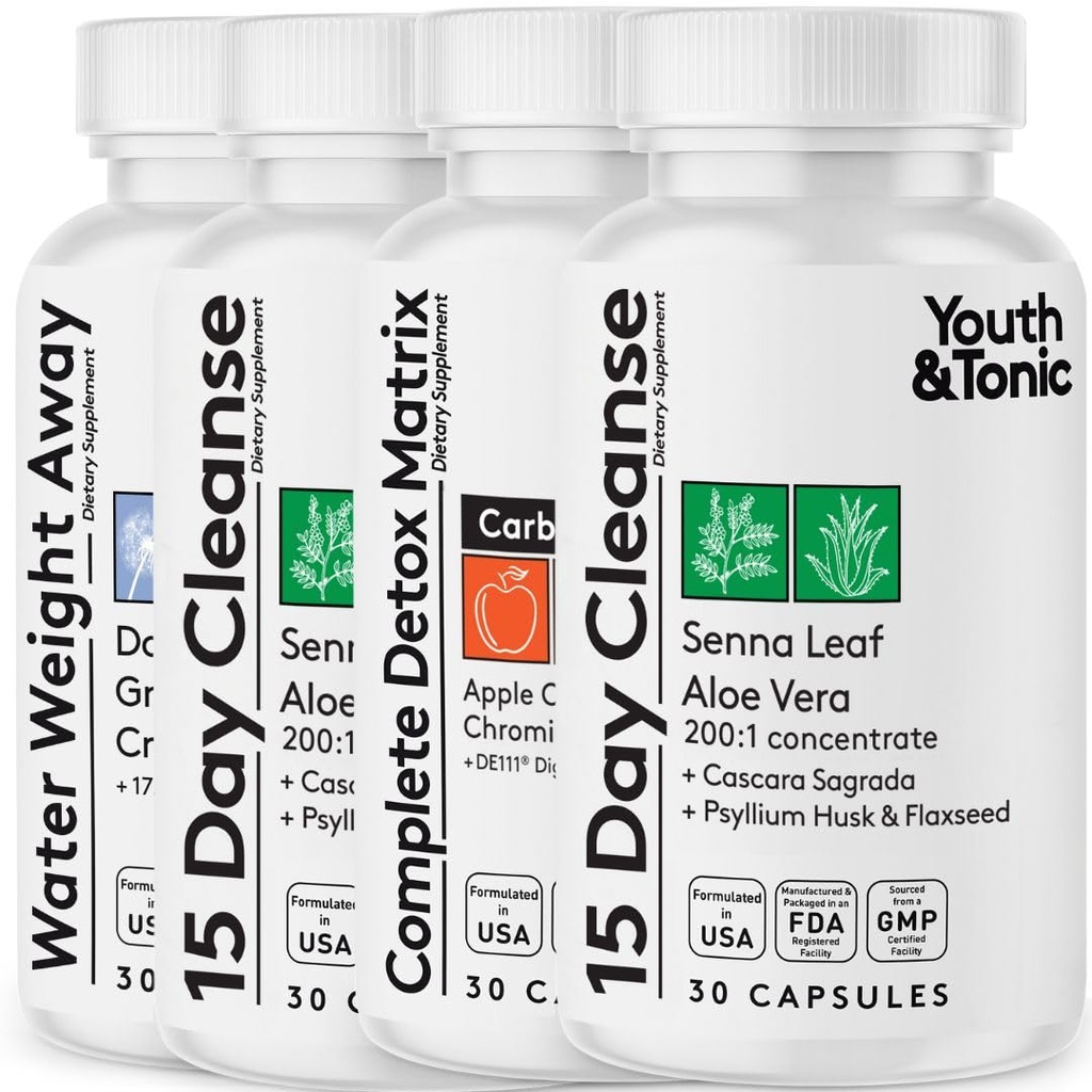 Detox Cleanse Kick Off Weight Management and Extra Colon Cleanser. 4pk for Water Loss, Bloating, Flat Stomach, Puffiness w Apple Cider Vinegar, Senna Leaf, Glucomannan, Chromium, Probiotic 120 Pills