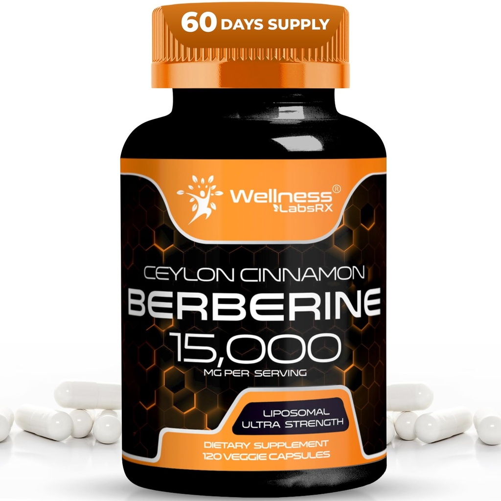 WELLESS LABSRX Berberine supplement 15.000 mg - Berberine met Ceylon kaneel, algehele wellness ondersteuning capsules - 120 capsules (verpakking van 1)